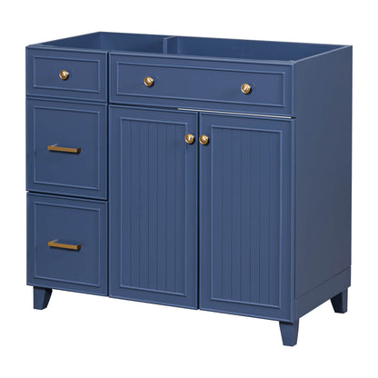 Adjustable storage space for towels and toiletries in a navy blue vanity