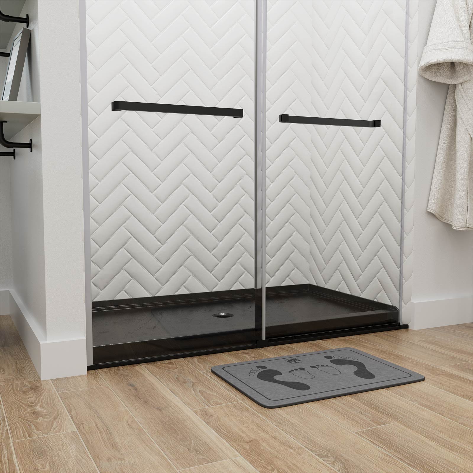 Alcove ready black shower base with low step in threshold