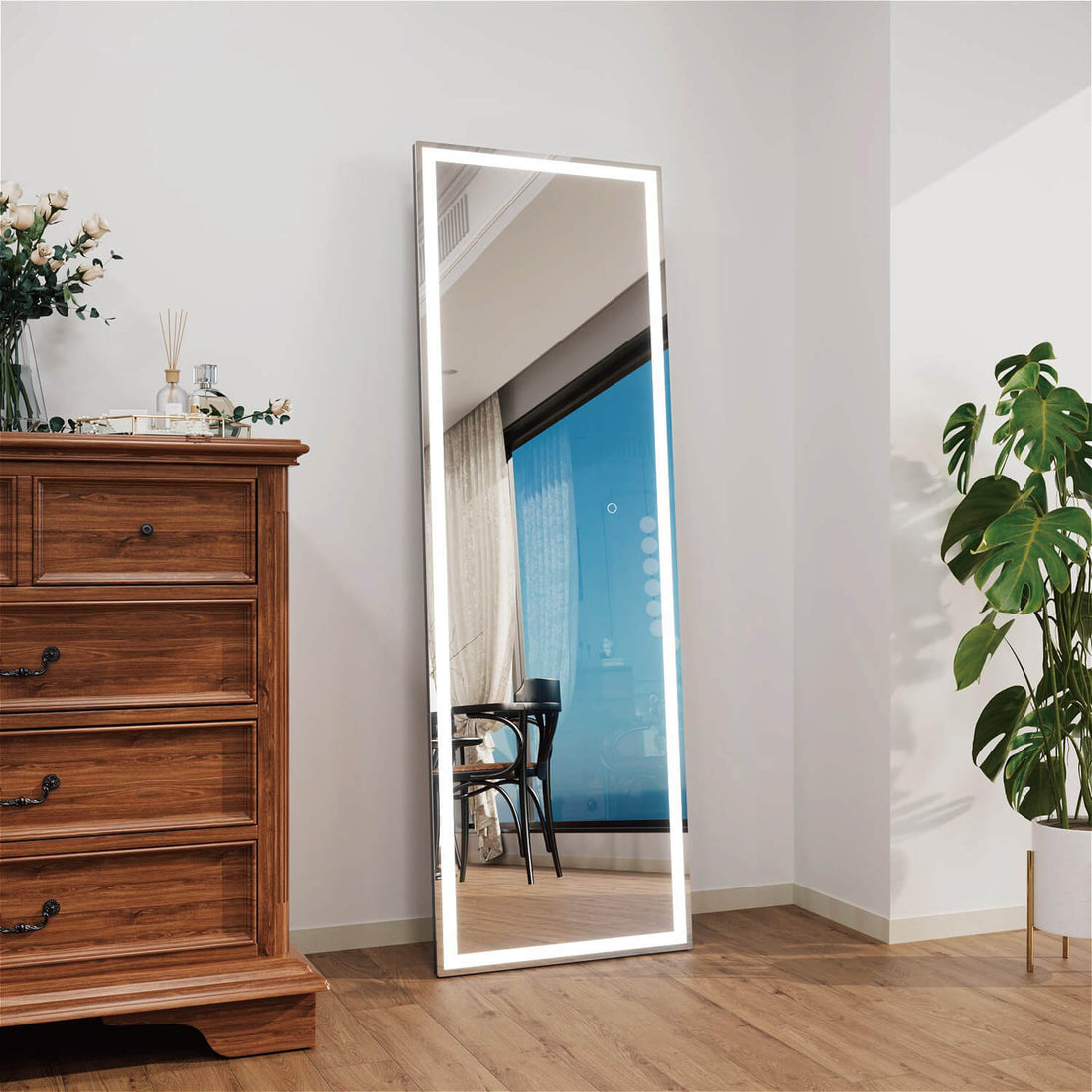 Angled LED full body mirror with anti-fog function and bright edge lighting