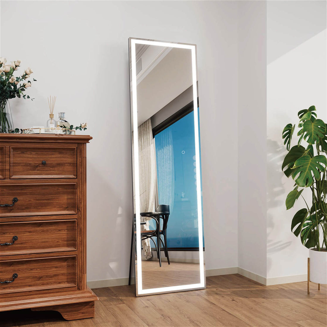 Angled LED full length mirror with anti-fog function and bright edge lighting