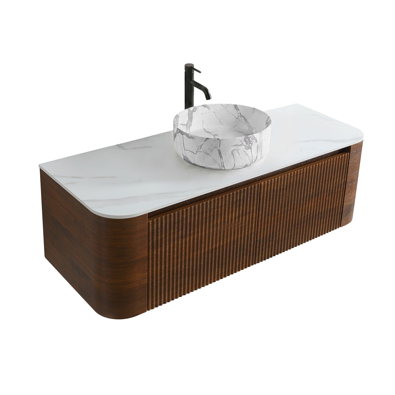 Angled View 48 inch Fluted Wood Vanity Round Marble Pattern Vessel Sink