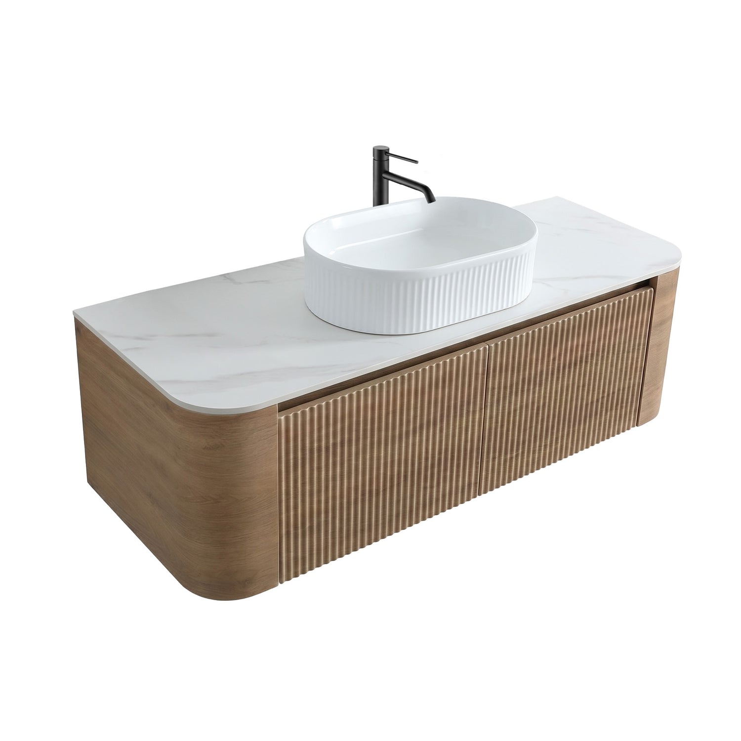 Angled View 48 inch White Oak Fluted Vanity Ceramic Vessel Sink