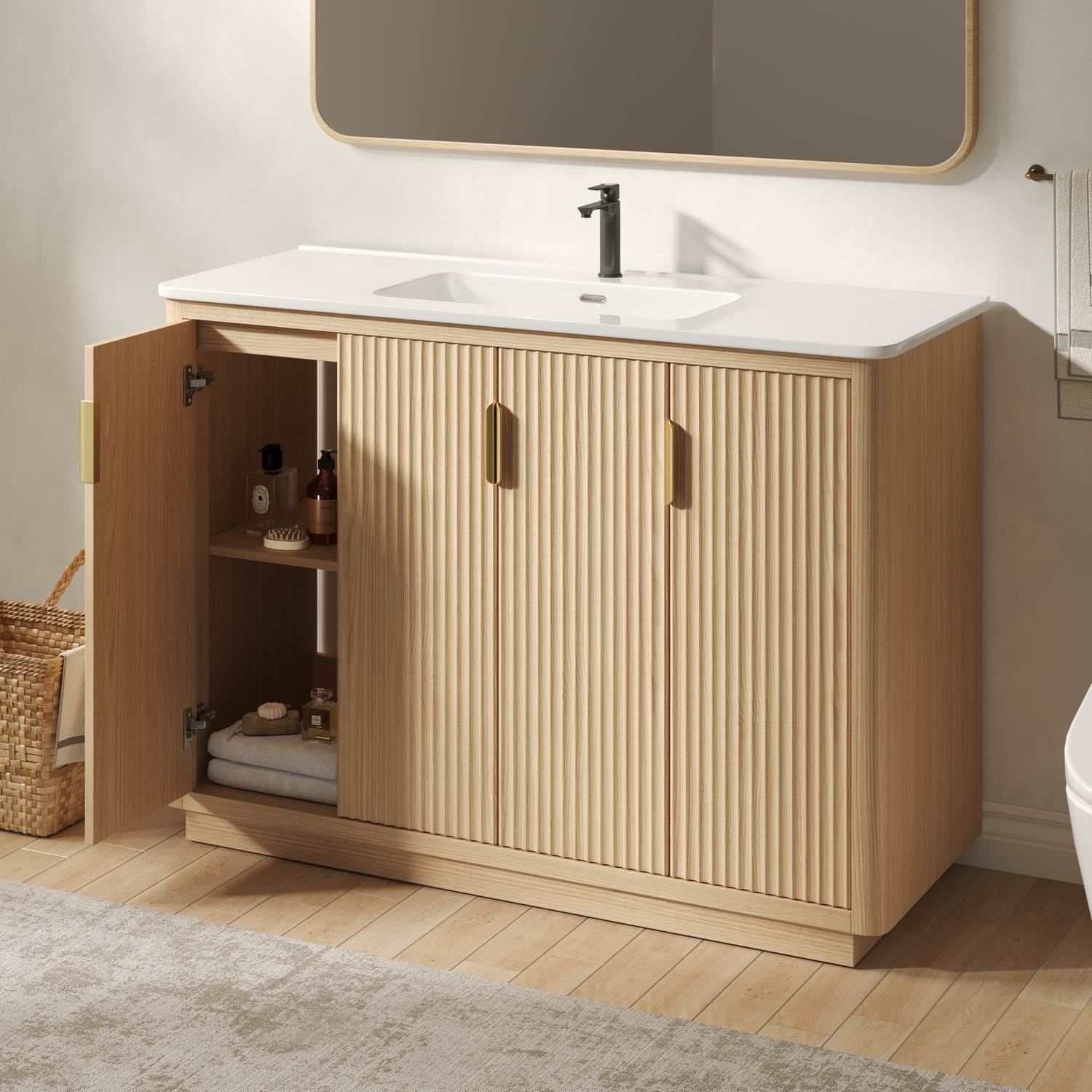 Angled View Open Door 48 inch Modern Wood Bathroom Vanity Storage Cabinet