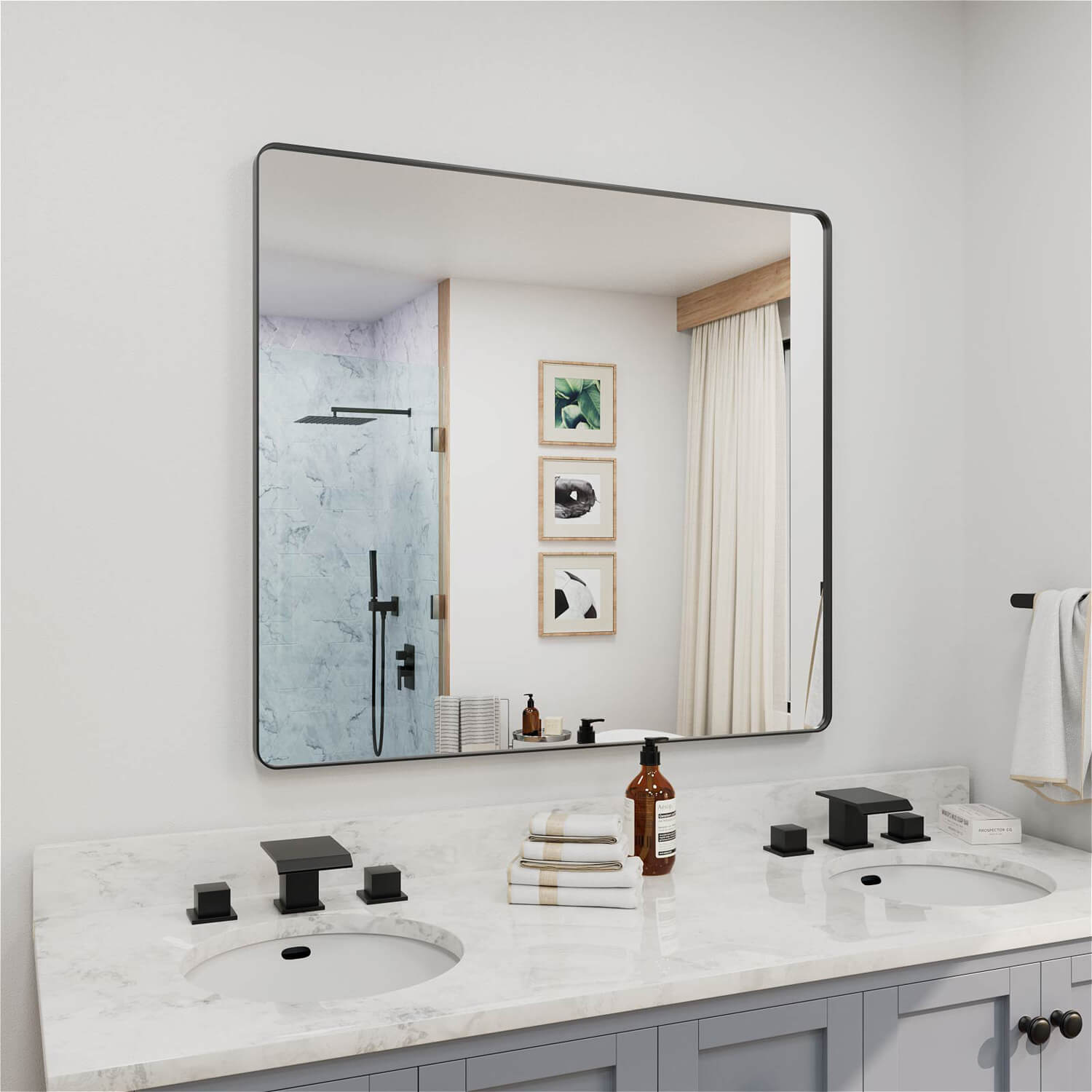 Angled large black framed bathroom mirror for vanity