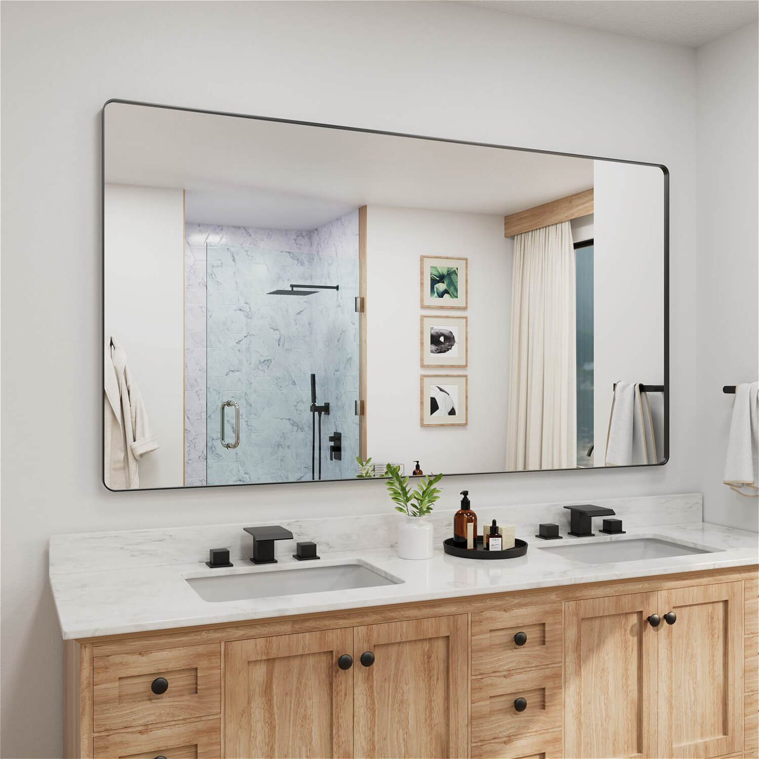 Angled mounted giant black framed rectangular bathroom mirror