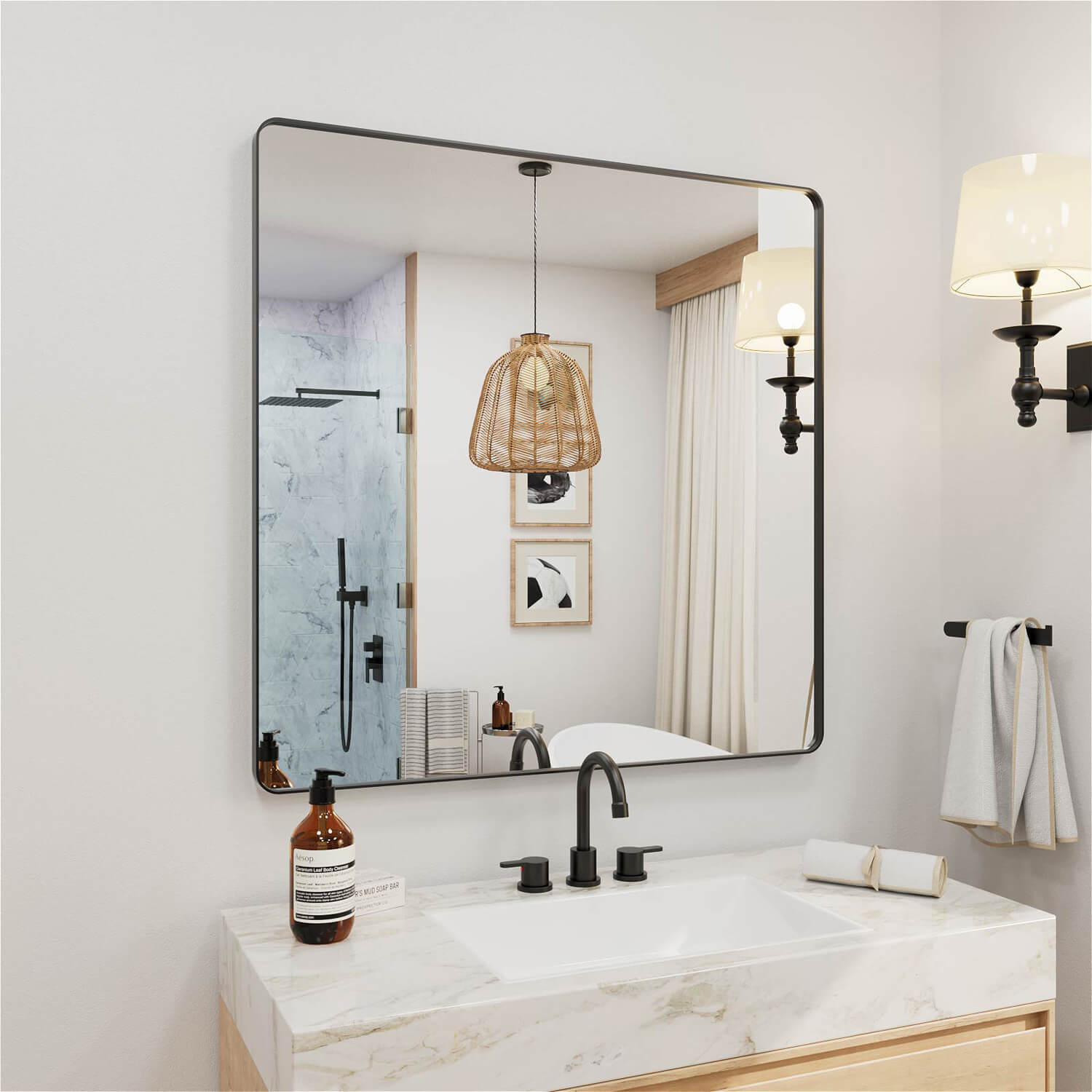 Angled mounted square black framed bathroom mirror