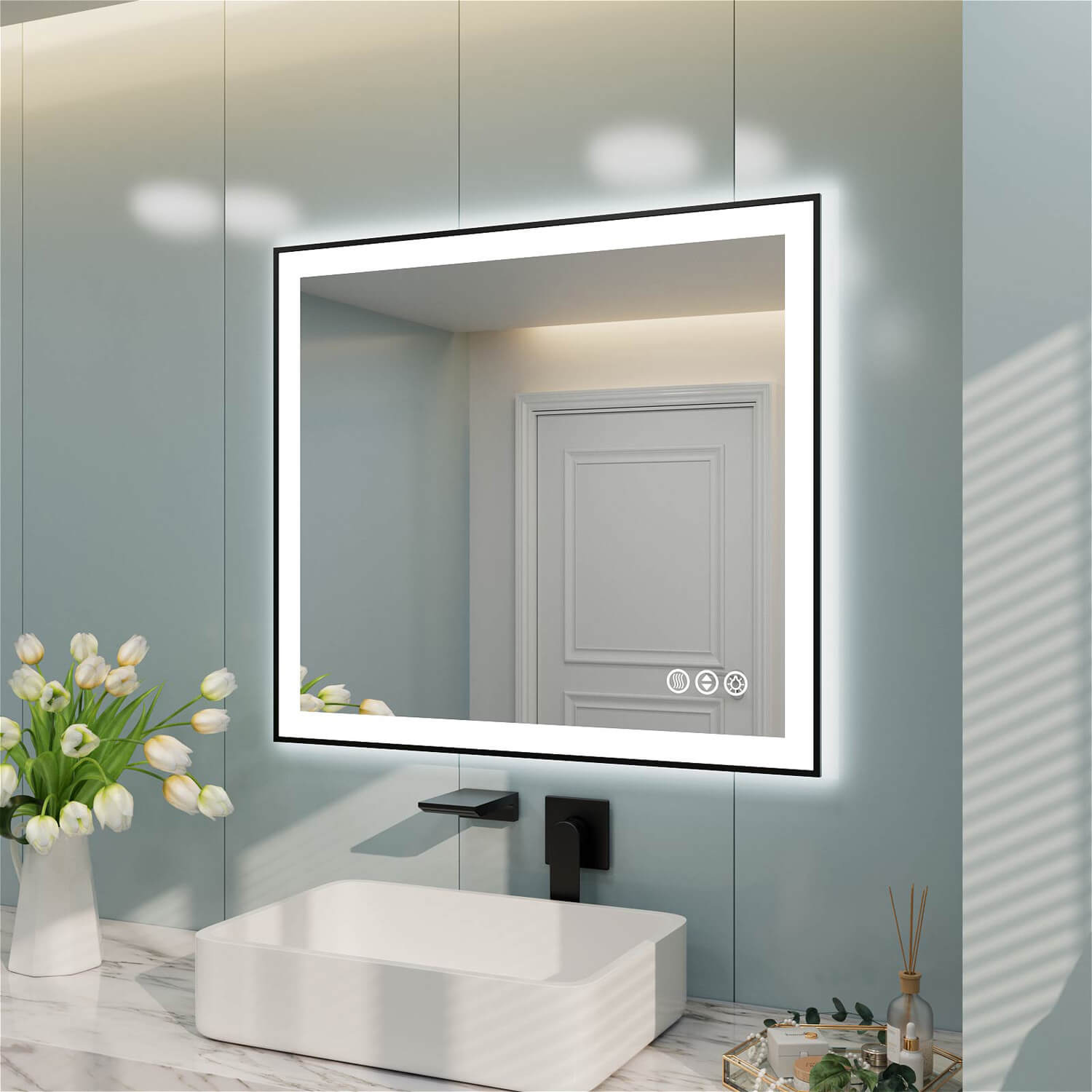Angled square LED bathroom mirror with right-side touch controls