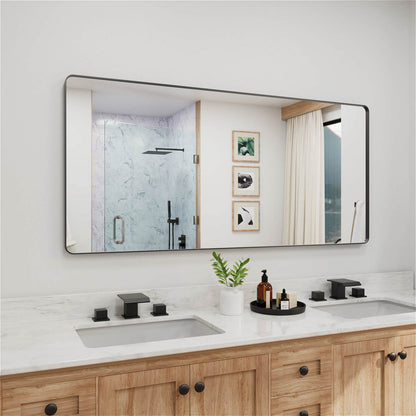 Angled ultra long black framed rectangular bathroom mirror