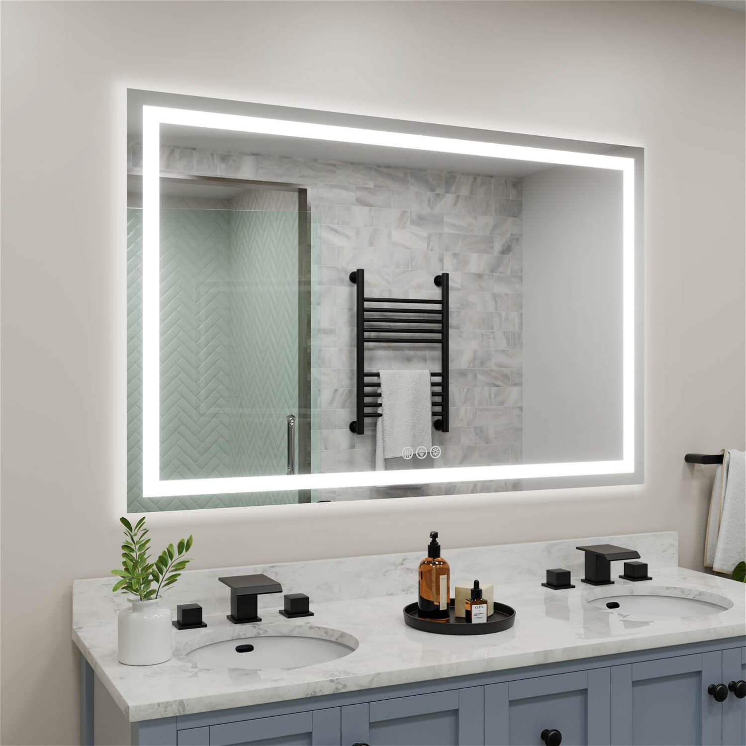 Anti-fog LED bathroom mirror with bright edge illumination and touch operation