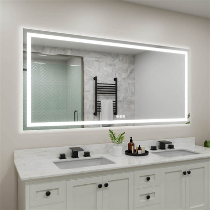 Anti-fog LED bathroom mirror with bright edge illumination and touch operation at the bottom right