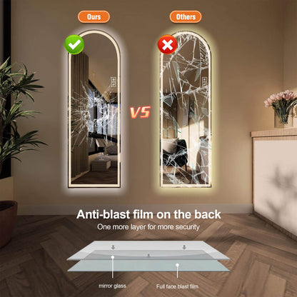 Anti blast film arched LED mirror vs regular shattered mirror