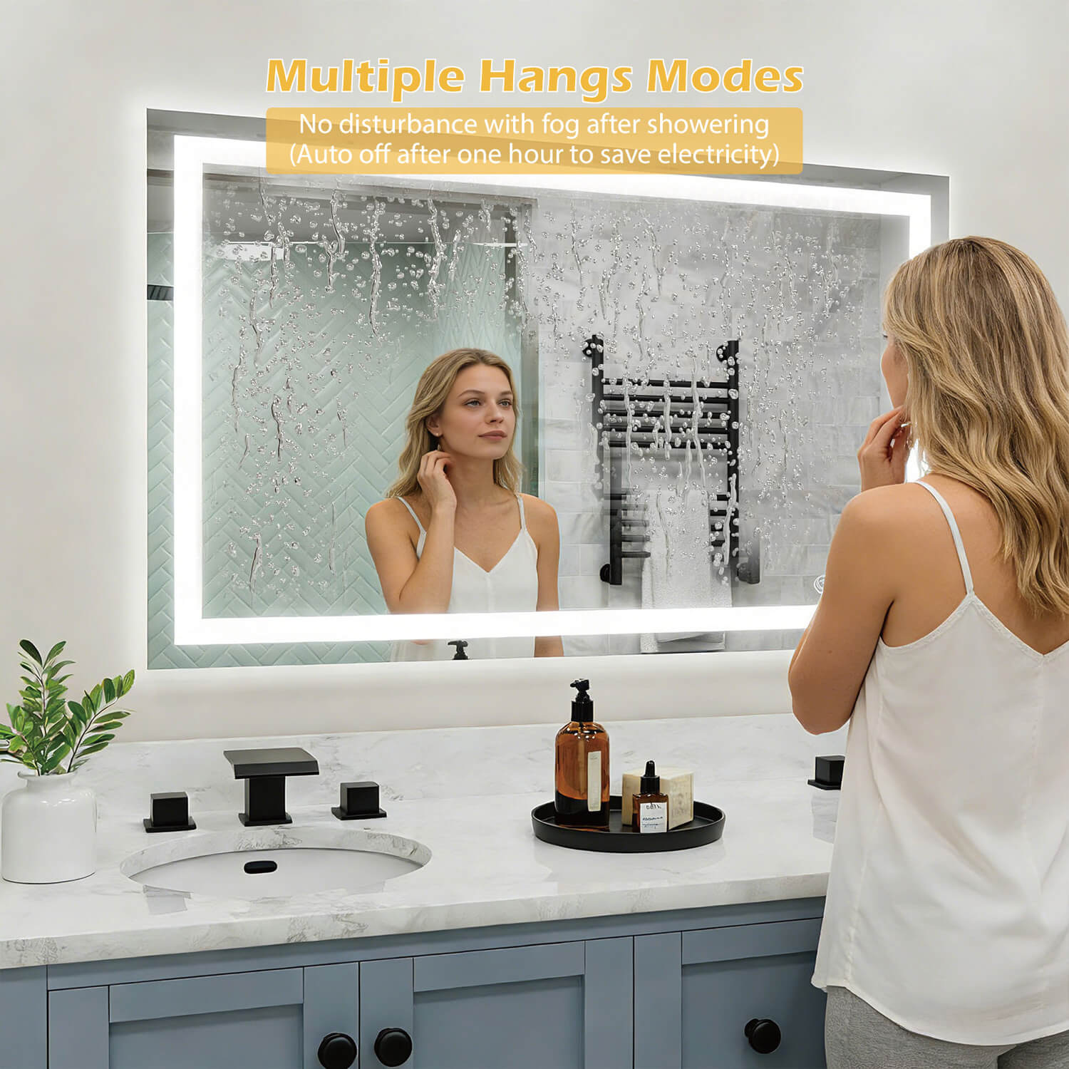 Anti fog LED vanity mirror clear view after shower with auto off function