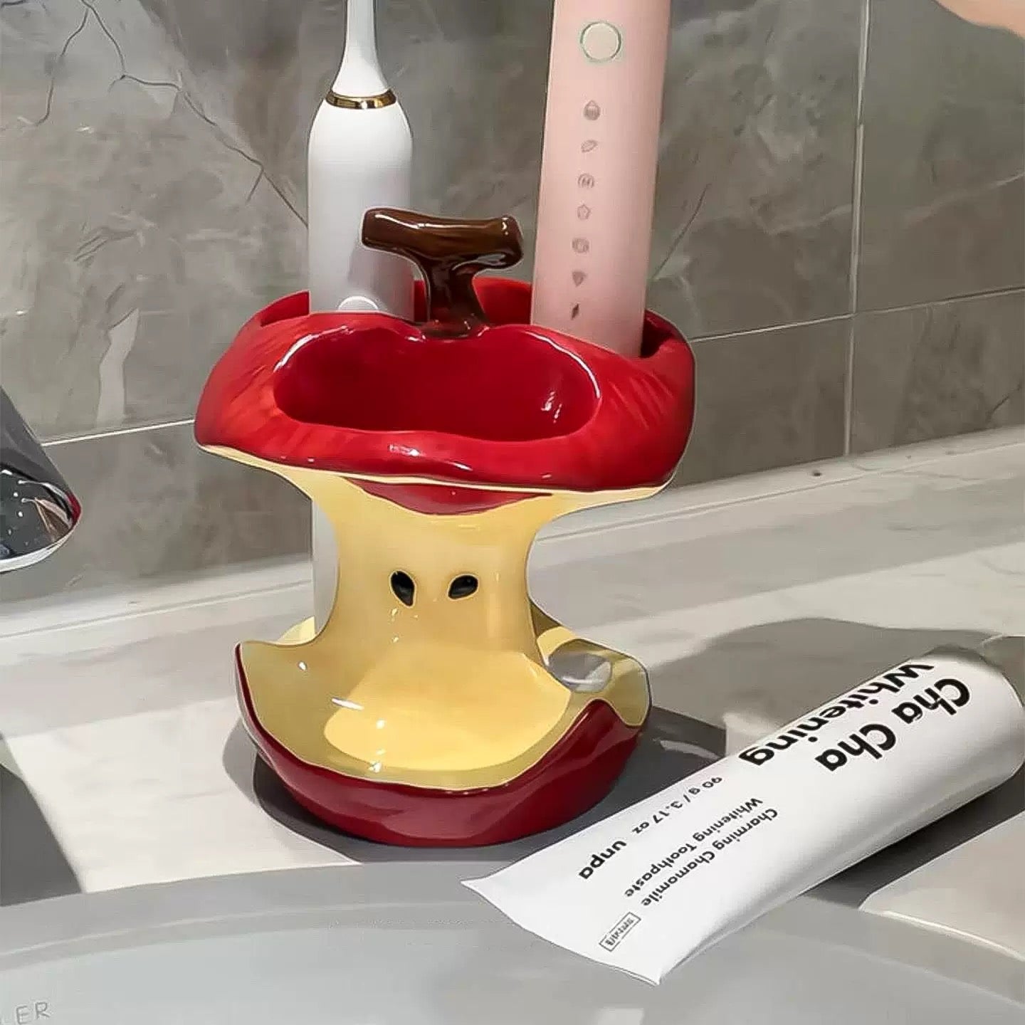 Apple core ceramic toothbrush holder for bathroom counter