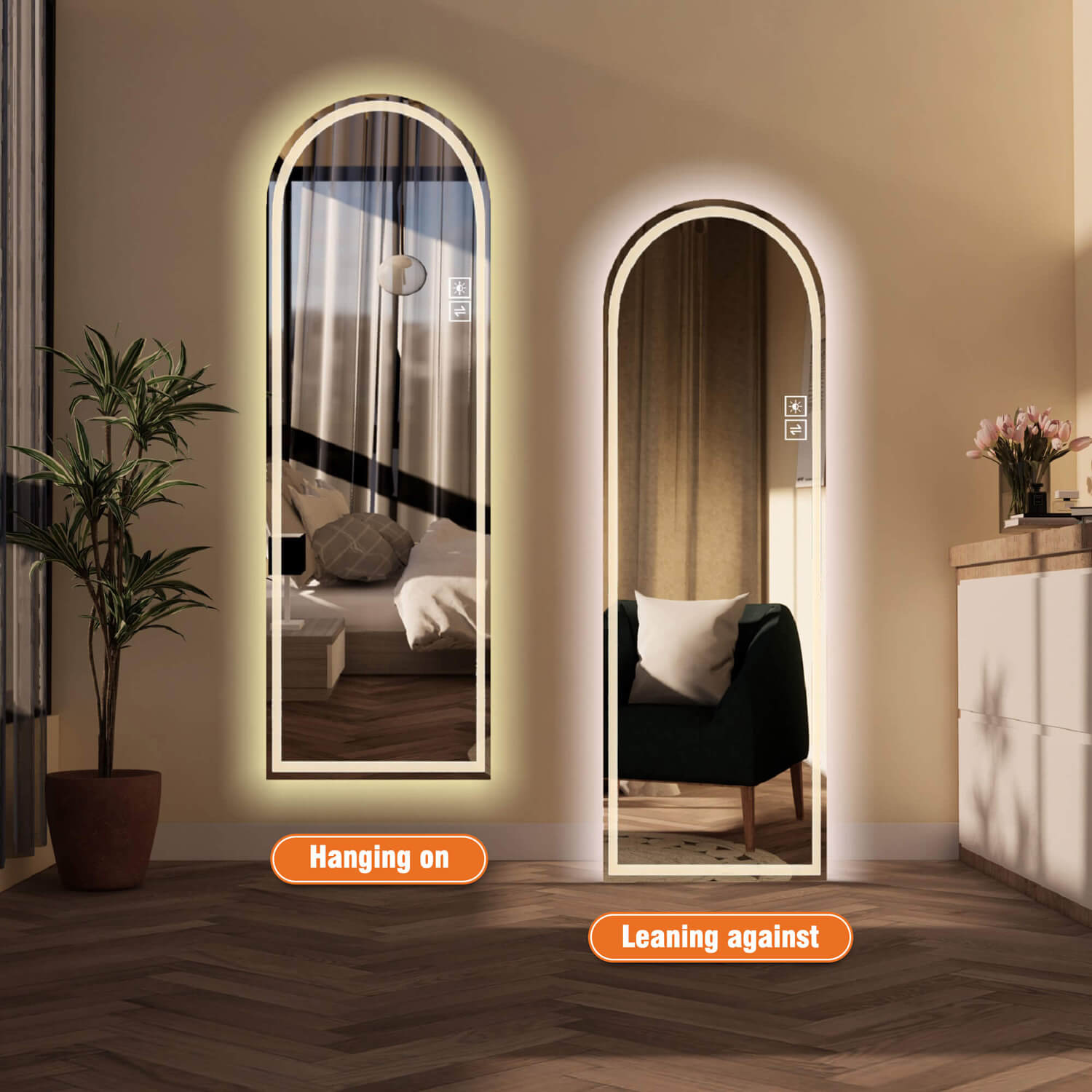 Arched LED mirror with wall mounted and leaning installation options