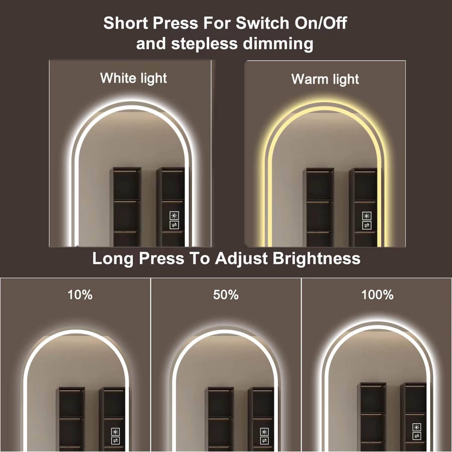 Arched LED mirror with warm white light and stepless brightness control
