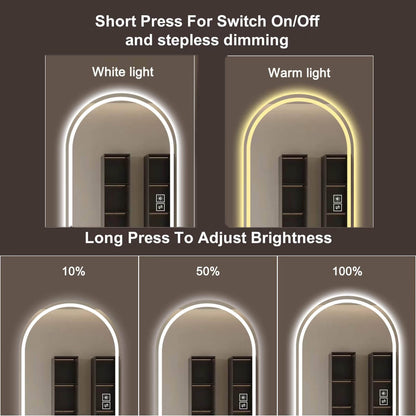 Arched LED mirror with warm white light and stepless brightness control
