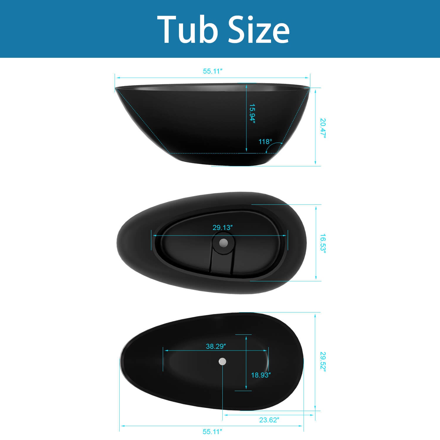 55&quot; Small Freestanding Soaking Tub Dimensional Detail