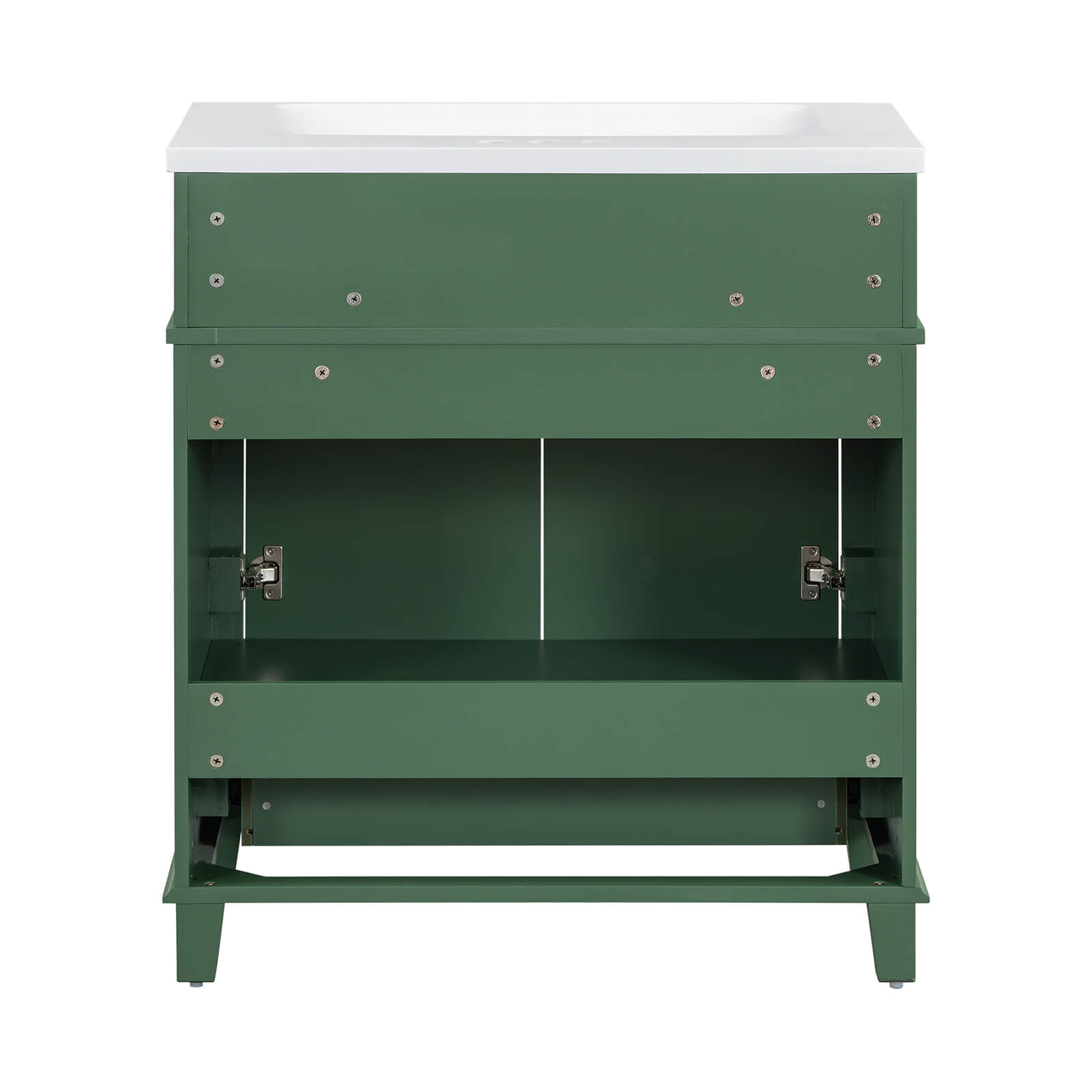 Back detail of a 30 in green single sink bathroom vanity with bottom drawer