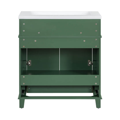 Back detail of a 30 in green single sink bathroom vanity with bottom drawer
