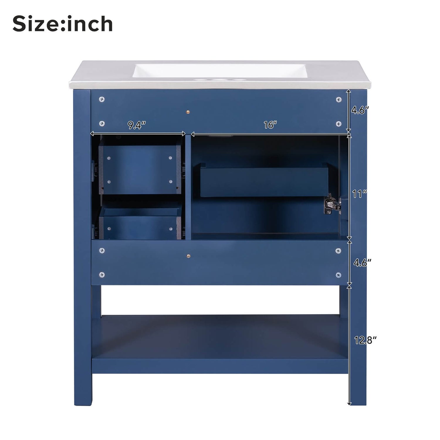 Back Dimensions Chart for Navy Freestanding Bathroom Vanity with Open Shelves 30 Inch