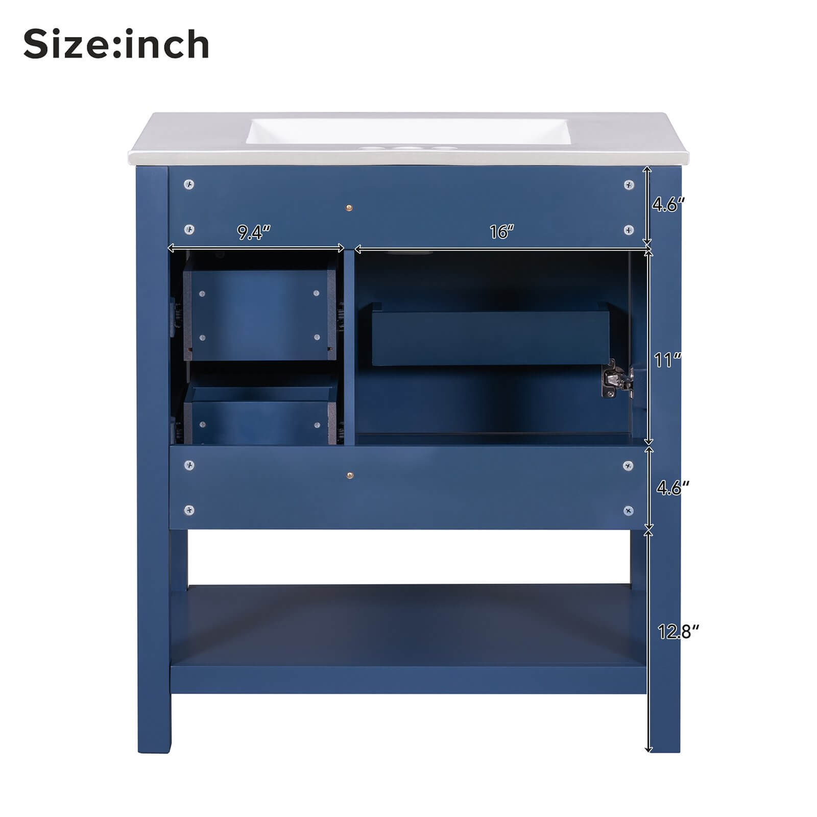 Back Dimensions Chart for Navy Freestanding Bathroom Vanity with Open Shelves 30 Inch