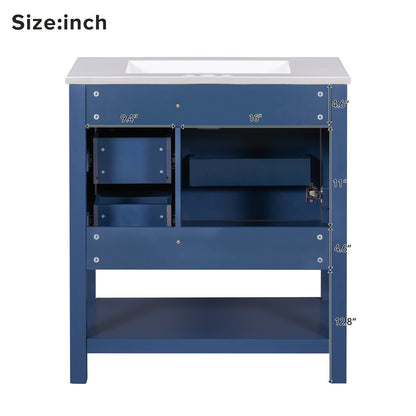 Back Dimensions Chart for Navy Freestanding Bathroom Vanity with Open Shelves 30 Inch