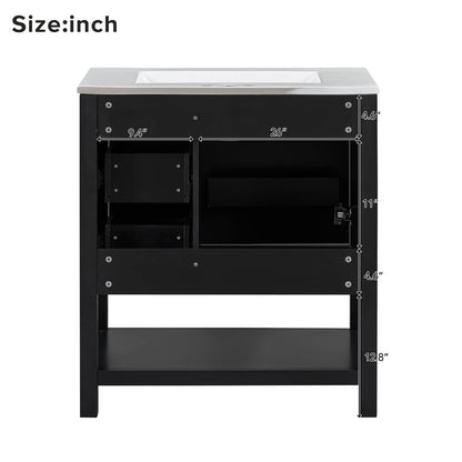 Back Dimensions Specifications for 30 inch Black Freestanding Bathroom Vanity with Open Shelves