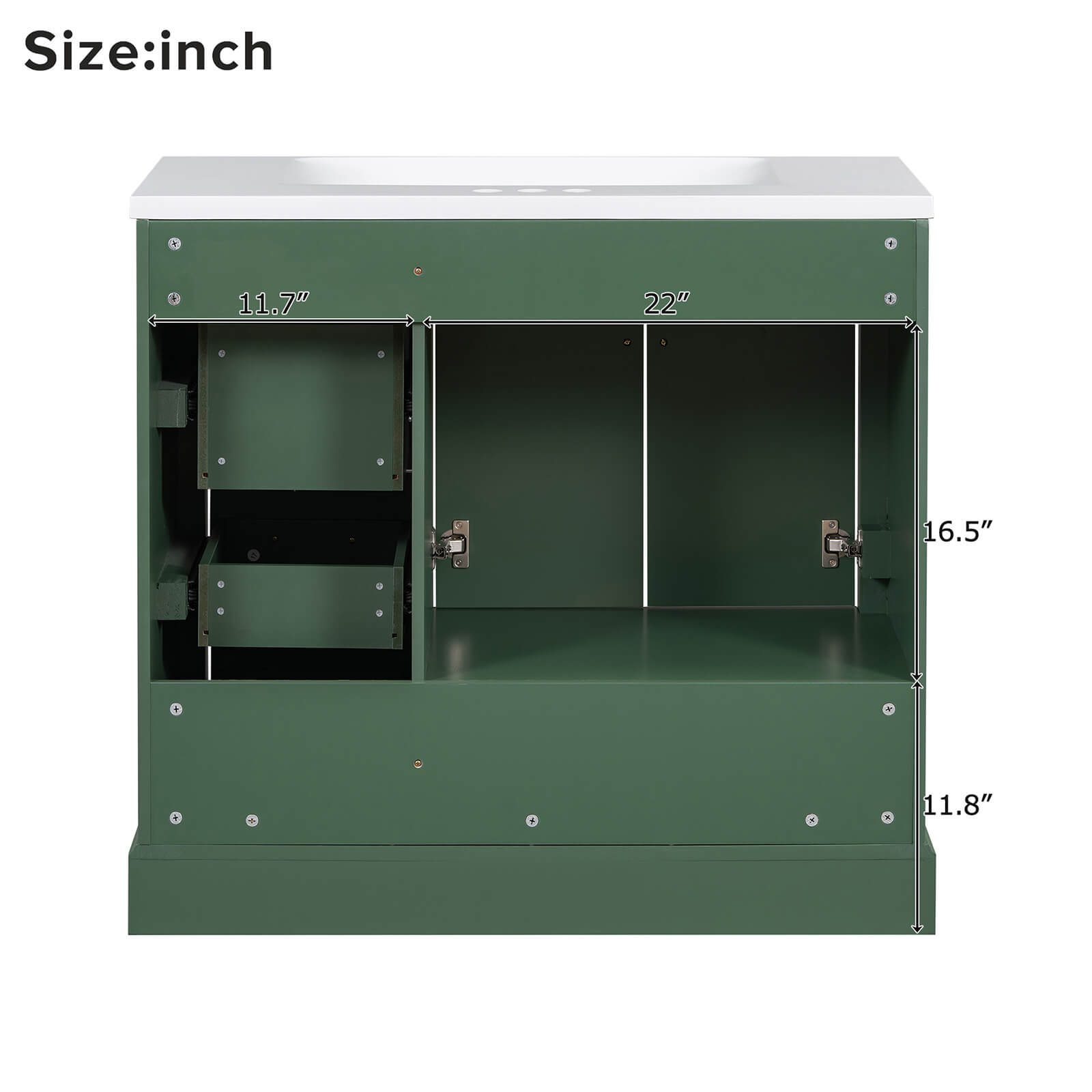 Back Dimensions Specifications for 36 Inch Traditional Green Bathroom Vanity with Resin Sink