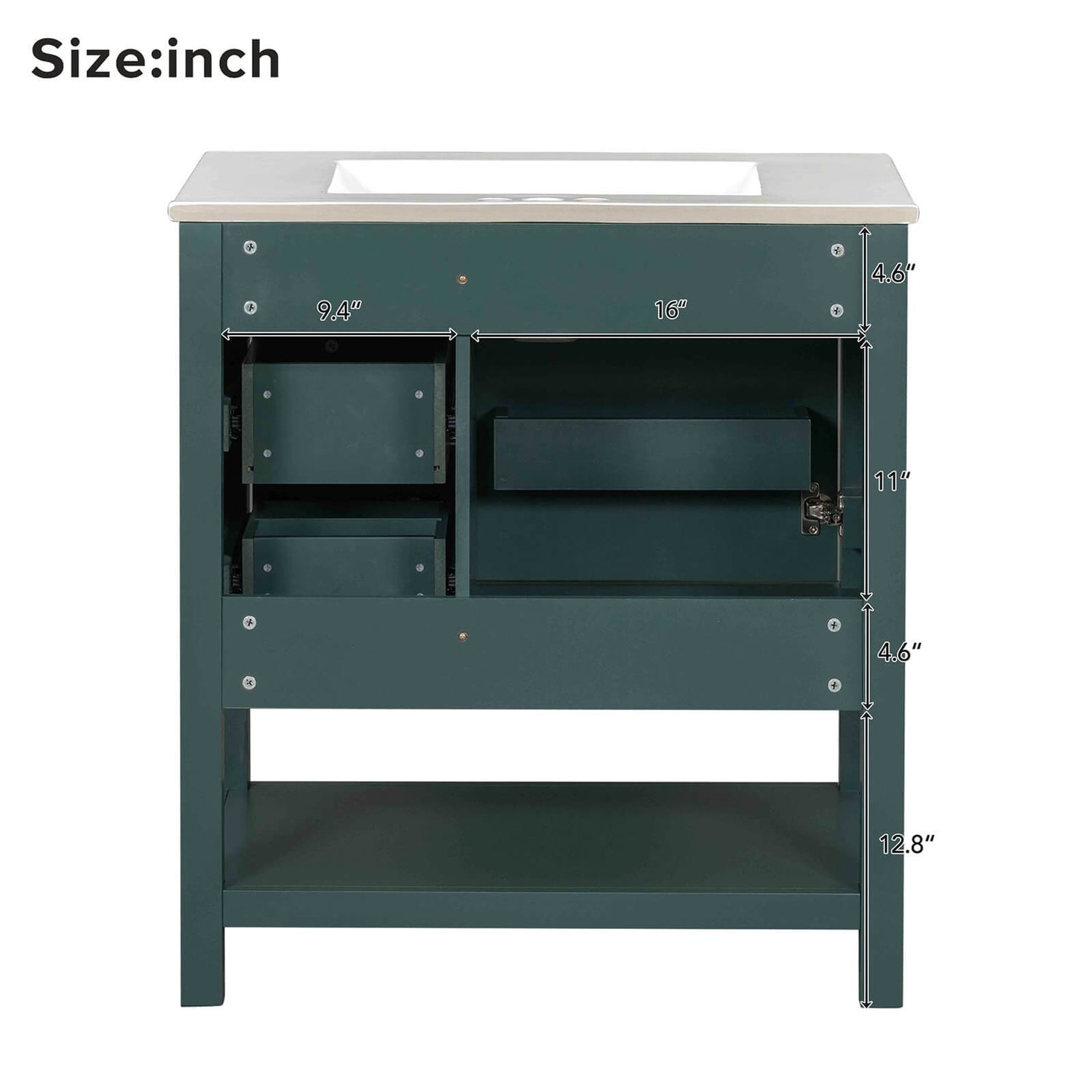 Back Dimensions Specifications of 30 Inch Dark Green Freestanding Bathroom Vanity with Open Shelves