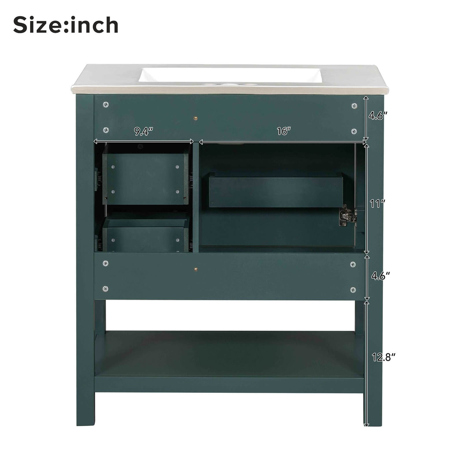 Back Dimensions Specifications of 30 Inch Dark Green Freestanding Bathroom Vanity with Open Shelves