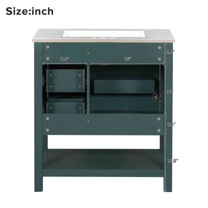 Back Dimensions Specifications of 30 Inch Dark Green Freestanding Bathroom Vanity with Open Shelves