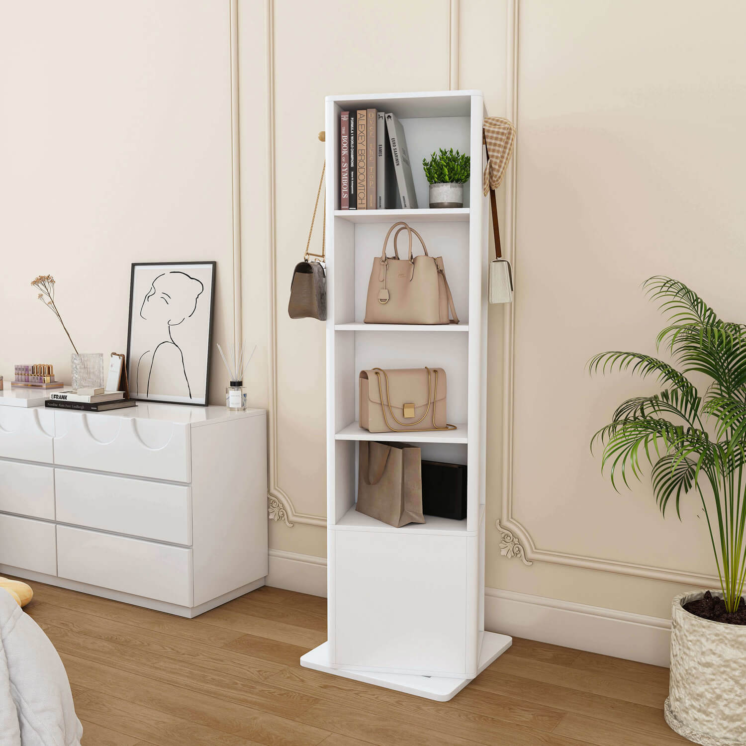Back of white rotating mirror cabinet as bookshelf and bag display