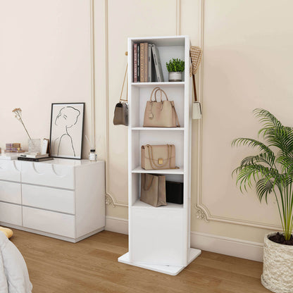 Back of white rotating mirror cabinet as bookshelf and bag display