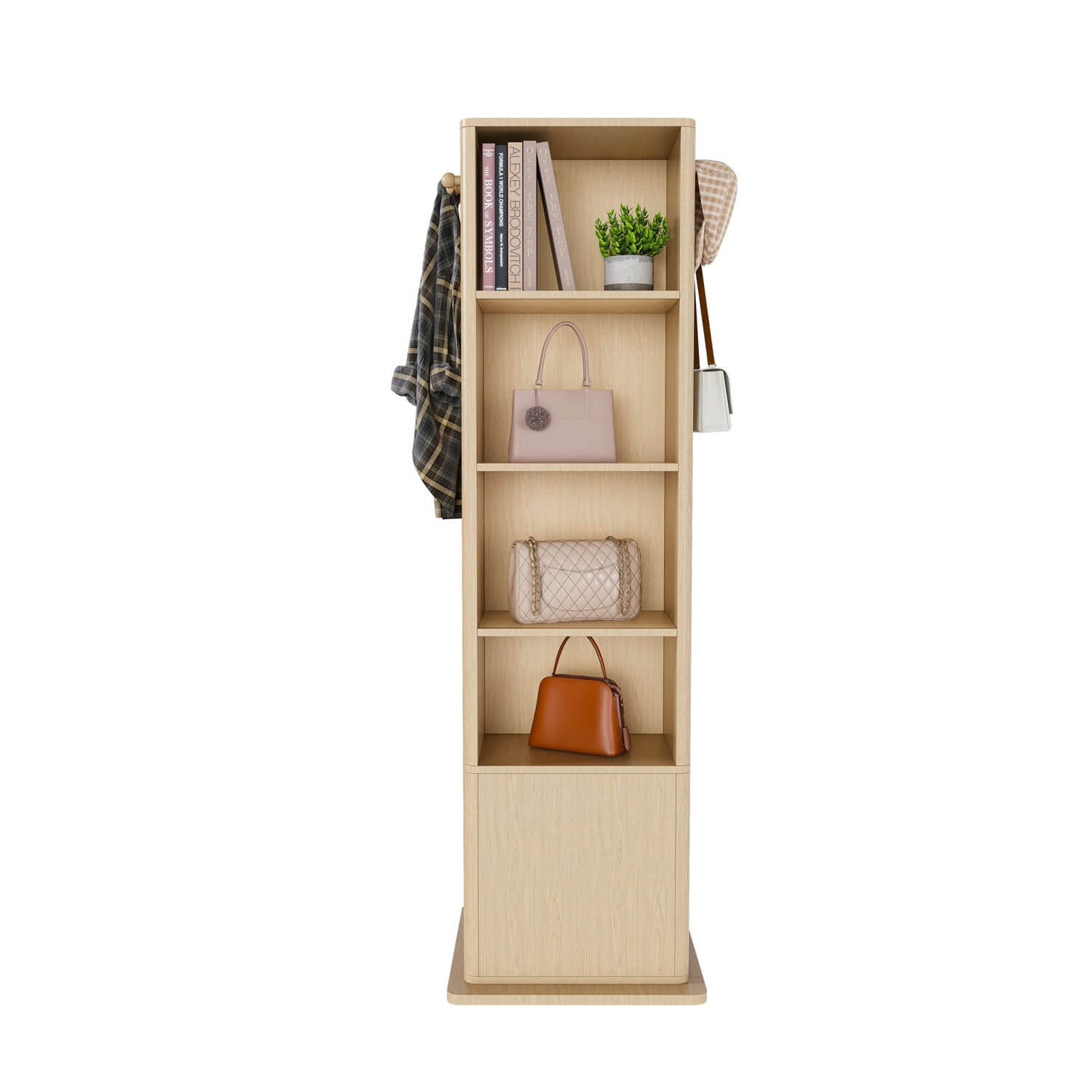 Back of wooden rotating mirror cabinet as bookshelf and bag display