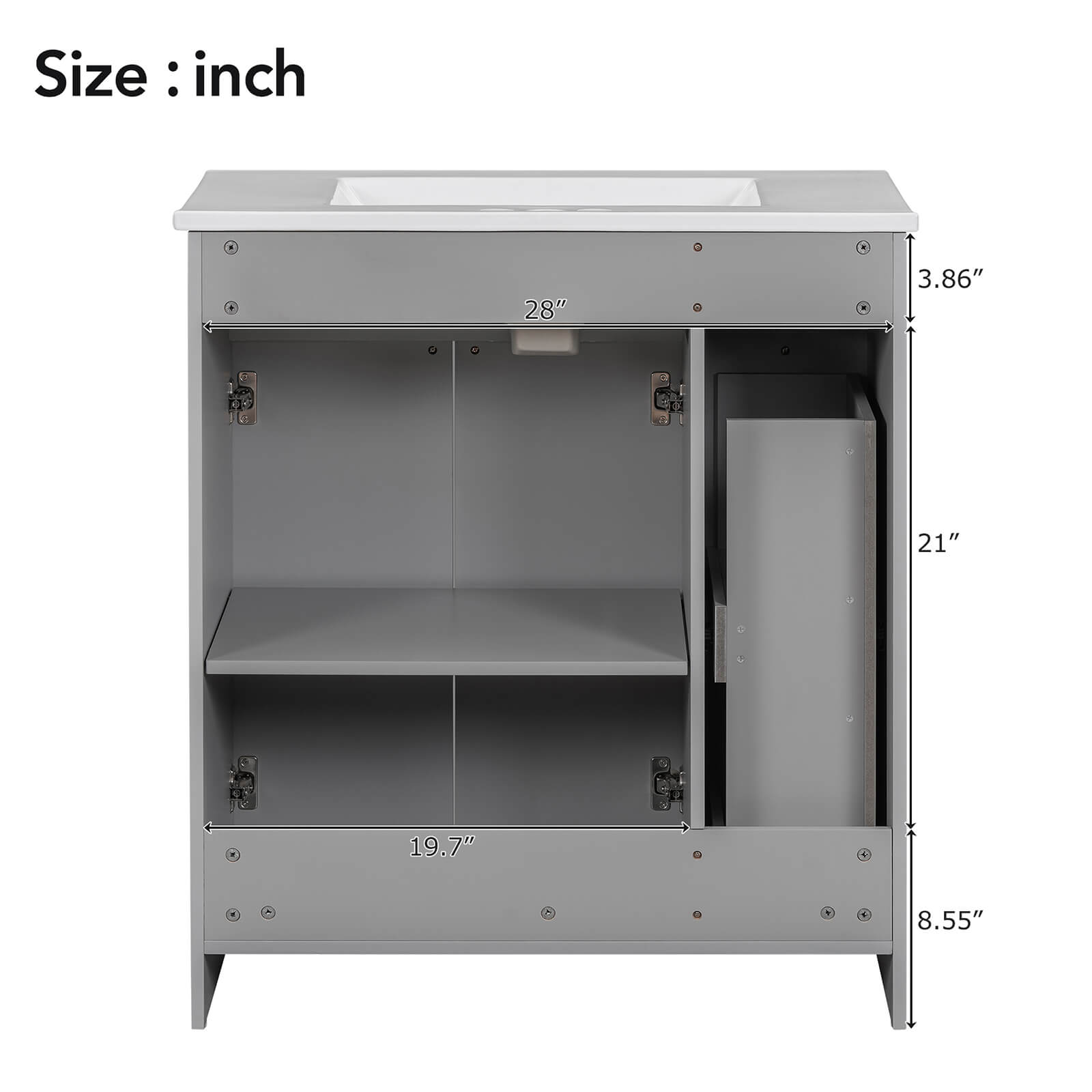 Back view of 30 inch grey bathroom vanity with soft close door