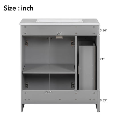 Back view of 30 inch grey bathroom vanity with soft close door
