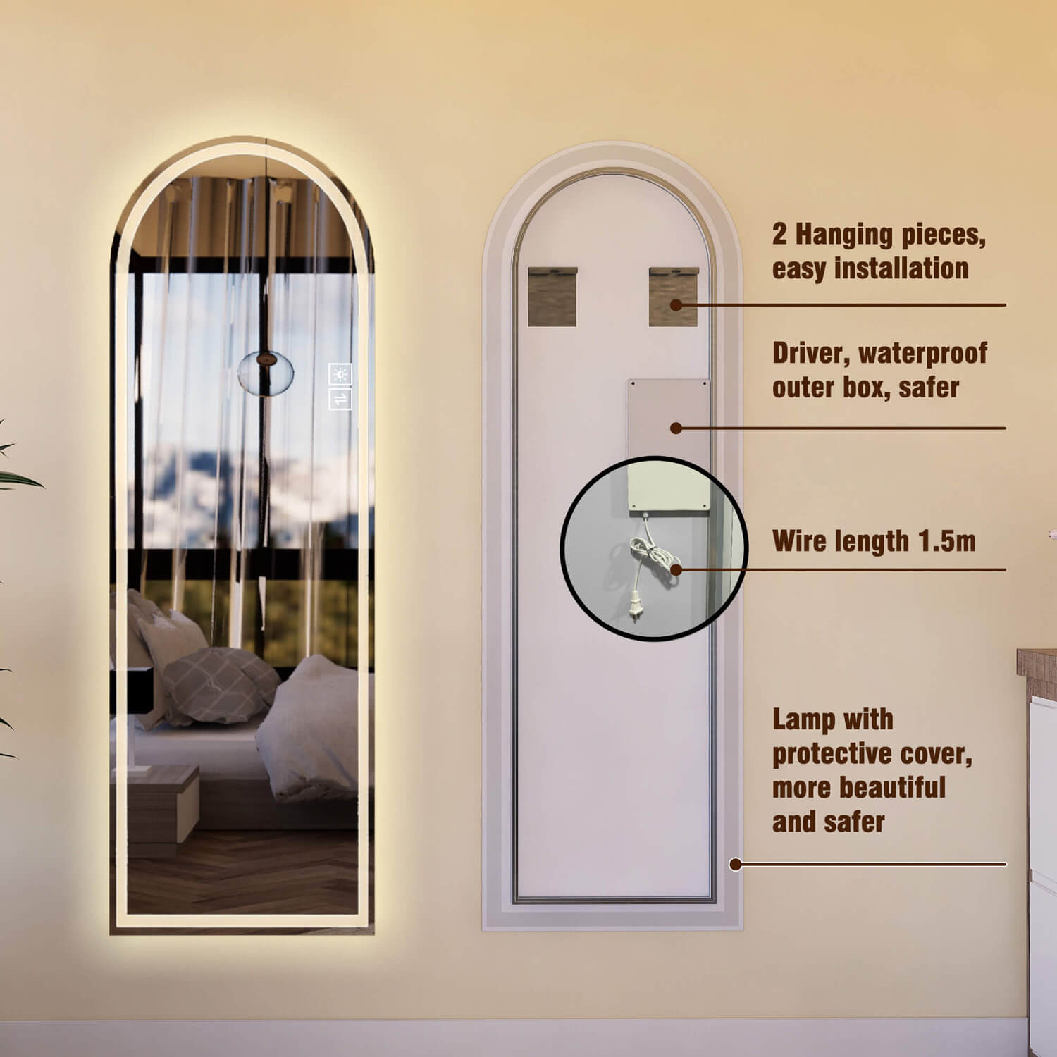 Back view of arched LED mirror with waterproof driver and easy hang hardware