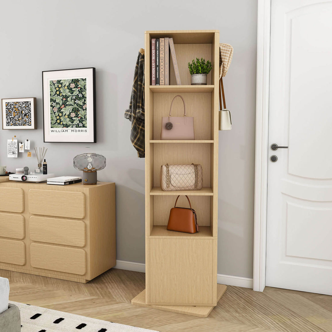 Back view of rotating mirror cabinet as bookshelf