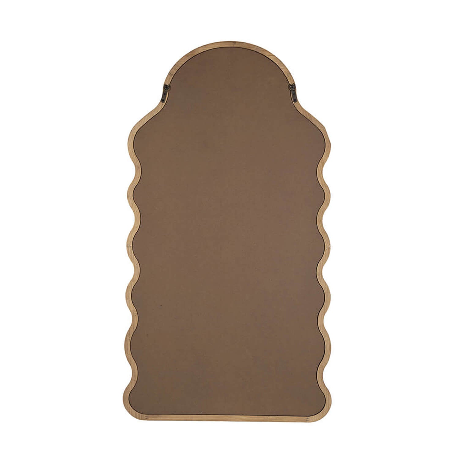 Back view of scalloped edge wooden framed mirror with wall mounting hardware
