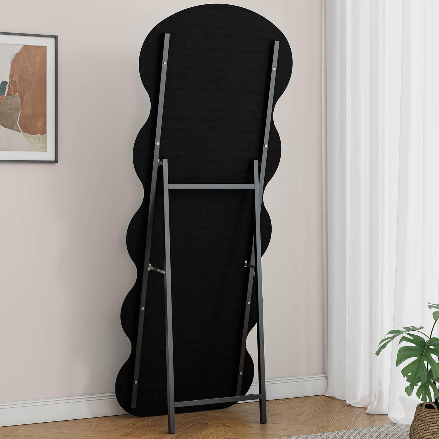 Back view of wavy mirror with freestanding metal bracket