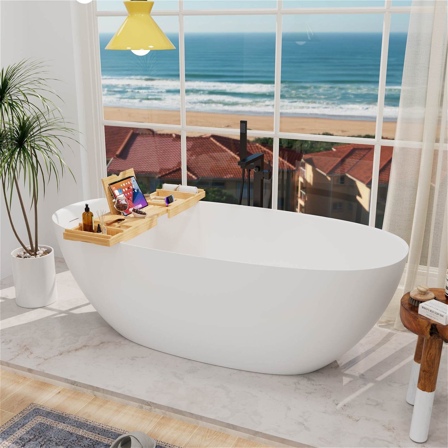 Luxury Bamboo Expandable Wood Bathtub Caddy Tray with Smartphone Tablet Book Holders, Soap Tray, Wine Glass Slot