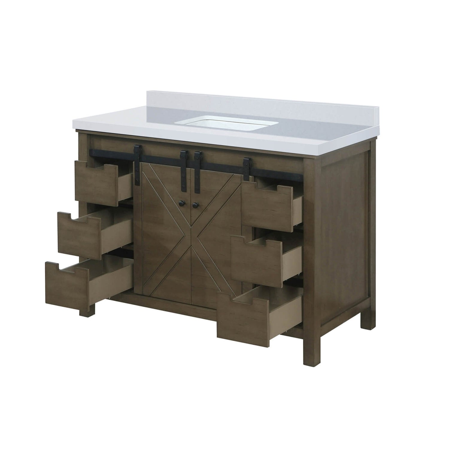 Barn style bathroom vanity with wood tone finish