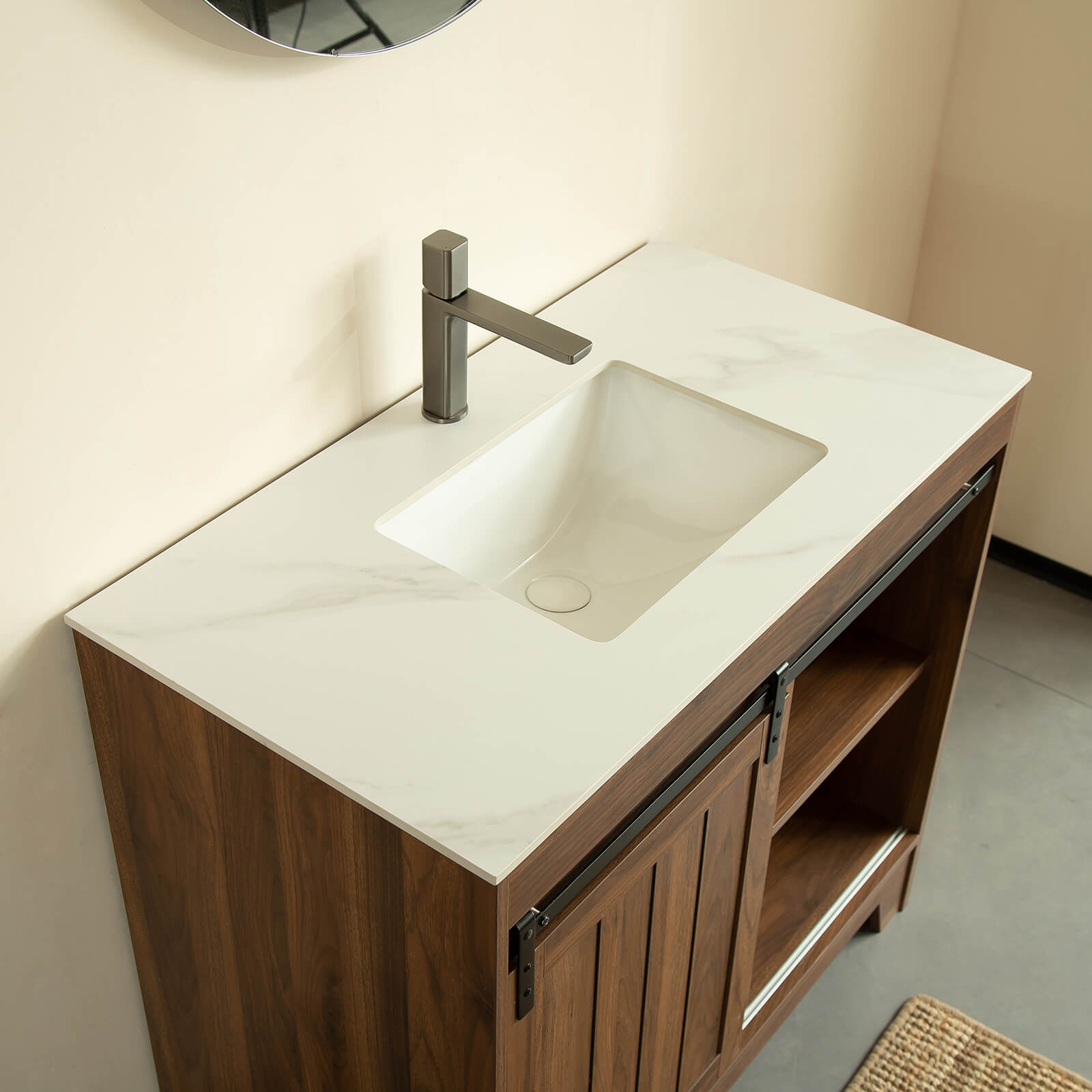 Bathroom vanity with Carrara style sintered stone countertop