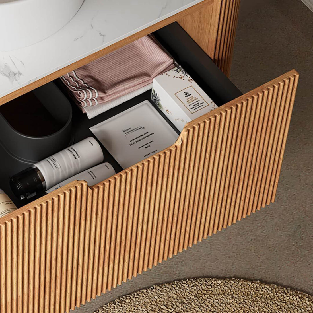 Bathroom vanity with soft close drawers and storage