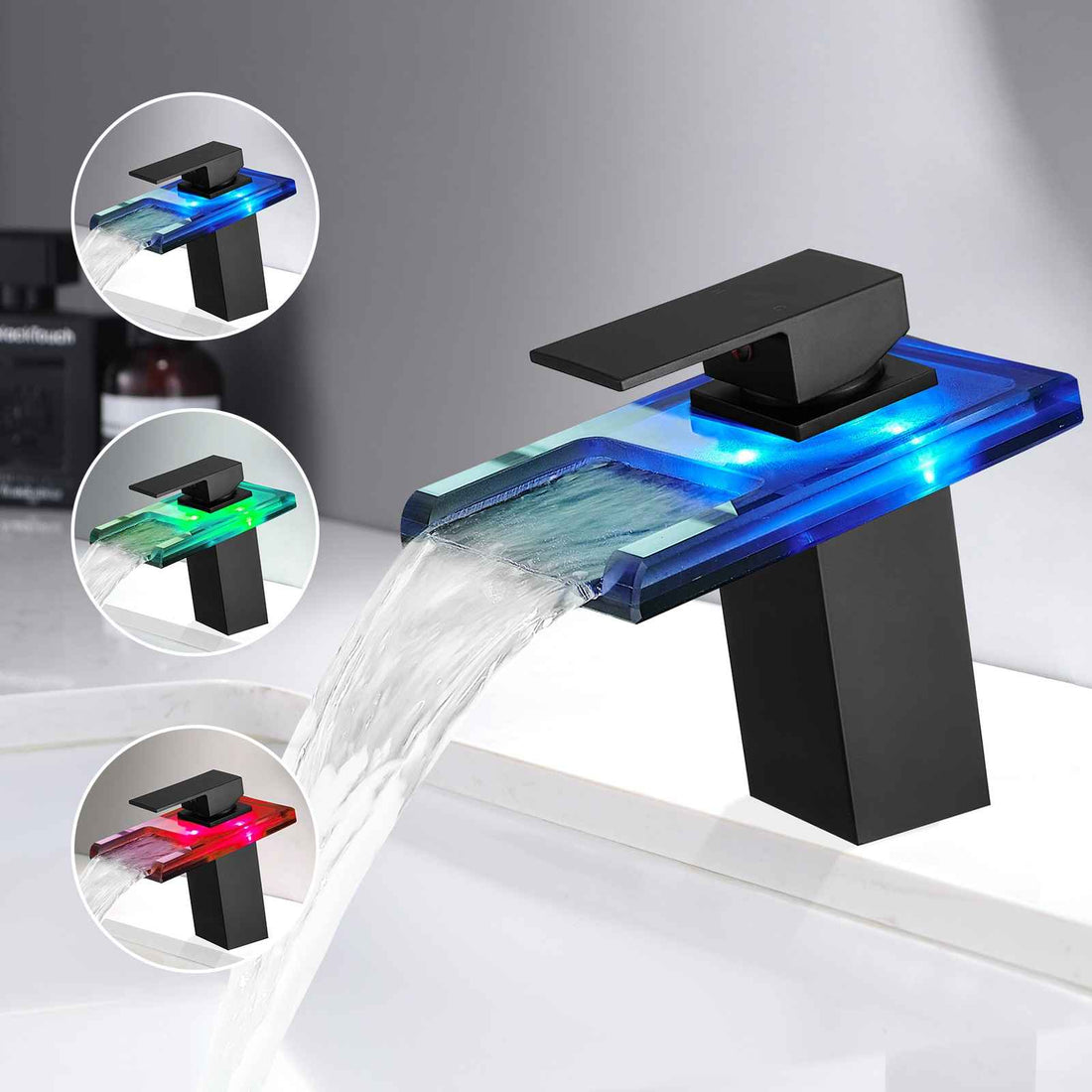 LED Single Handle Glass Spout Faucet, 3 Color Changing &amp; Temperature Control