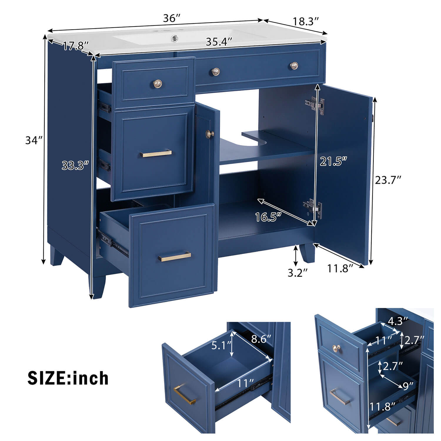 Bathroom vanity cabinet dimension diagram with measurements