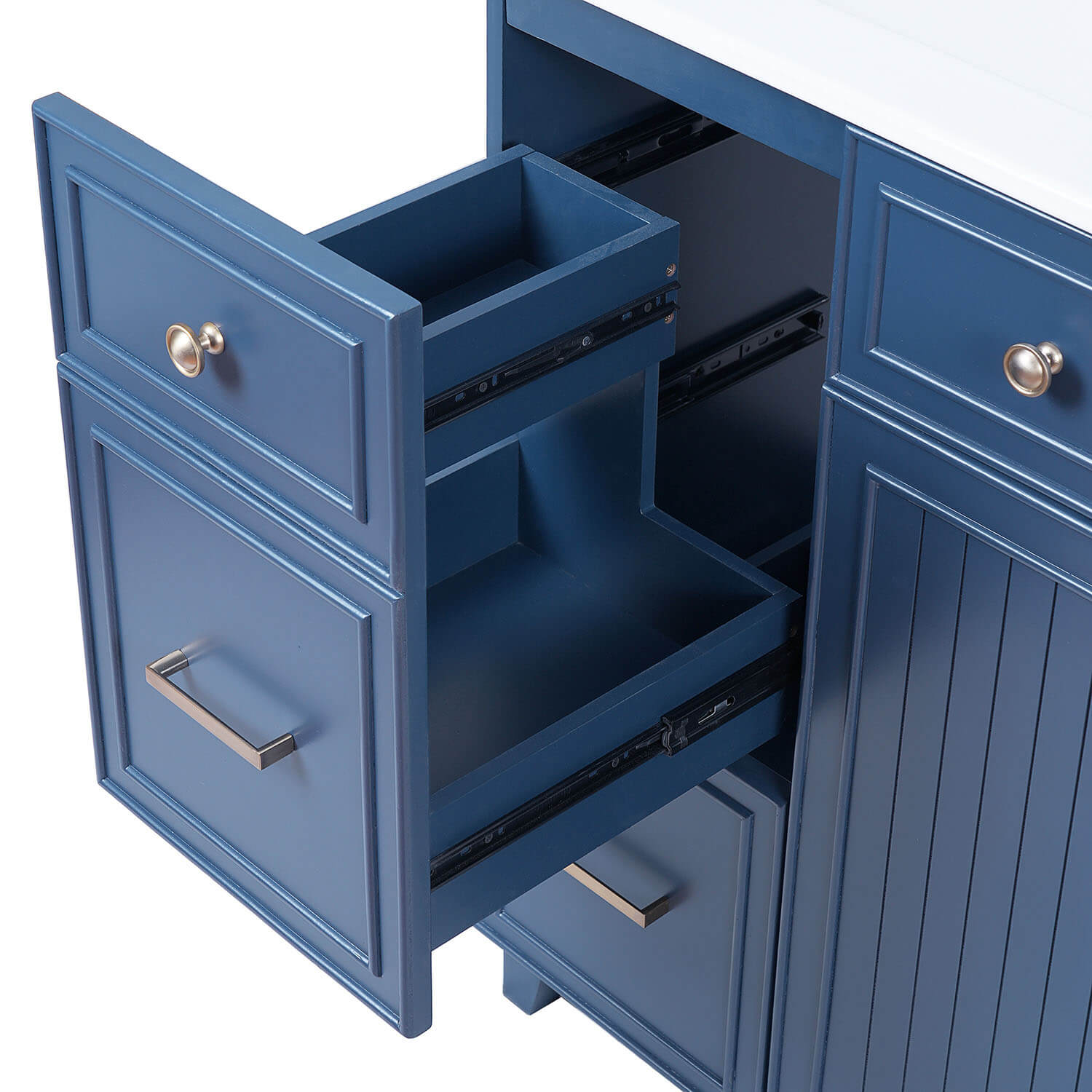 Bathroom vanity drawer detail close-up with smooth sliding design