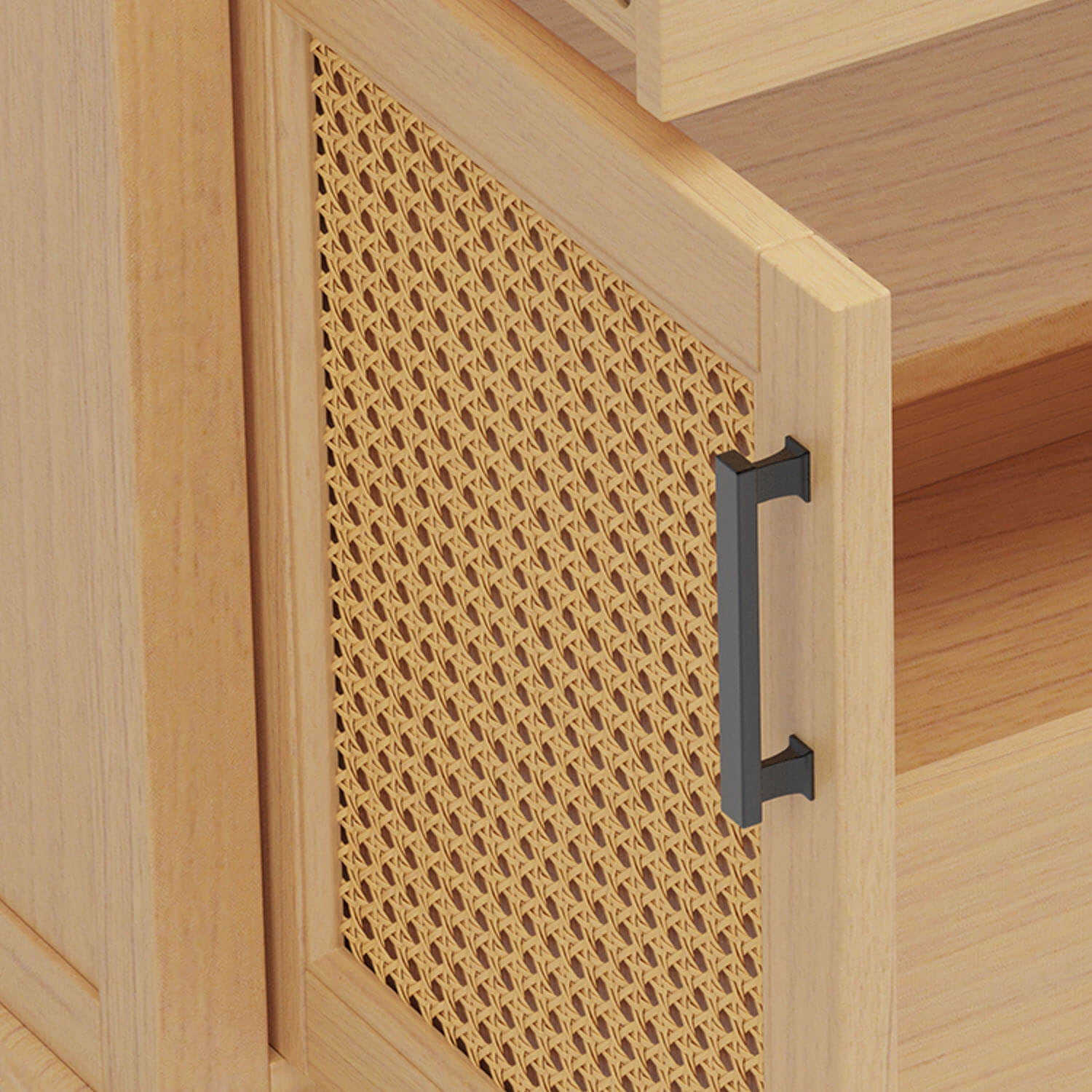 Bathroom vanity rattan door detail close-up woven texture design