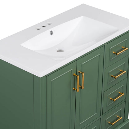 Bathroom vanity with classic green color and gold hardware accents