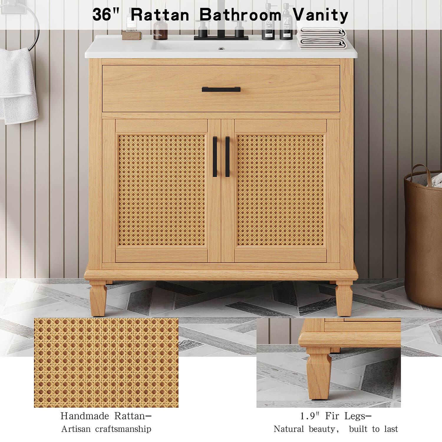 Bathroom vanity with natural rattan doors for coastal style bathroom